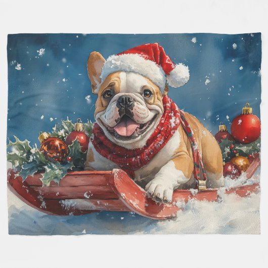 Bulldog in Sledge Lass es Schnee Weihnachten Fleecedecke (Vorderseite (Horizontal))