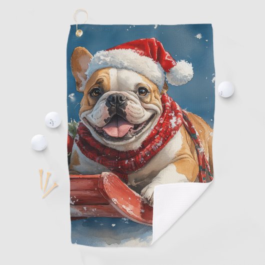 Bulldog in Sledge Lass es Schnee Weihnachten Golfhandtuch (Insitu)