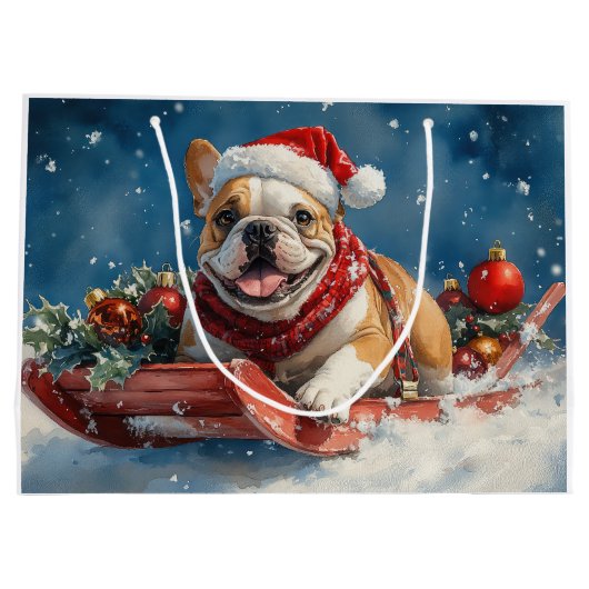 Bulldog in Sledge Lass es Schnee Weihnachten Große Geschenktüte (Rückseite)