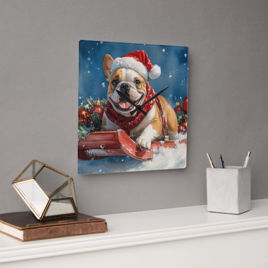Bulldog in Sledge Lass es Schnee Weihnachten Quadratische Wanduhr (Büro)