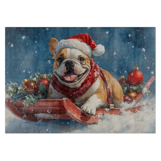 Bulldog in Sledge Lass es Schnee Weihnachten Schneidebrett (Vorderseite)