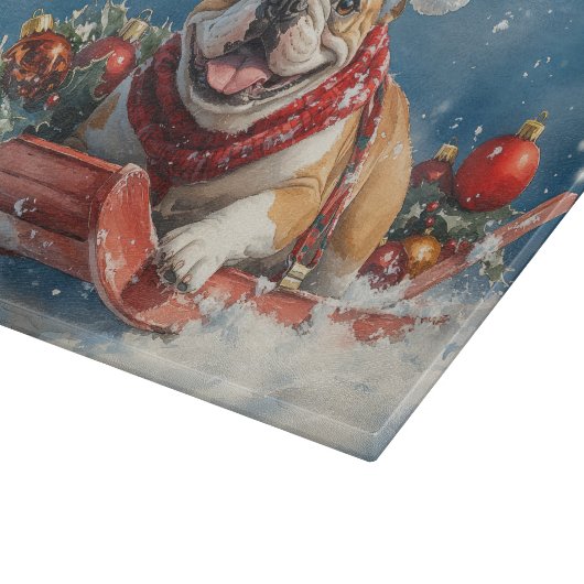 Bulldog in Sledge Lass es Schnee Weihnachten Schneidebrett (Ecke)