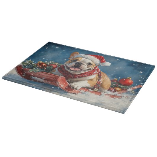 Bulldog in Sledge Lass es Schnee Weihnachten Schneidebrett (Ecke)