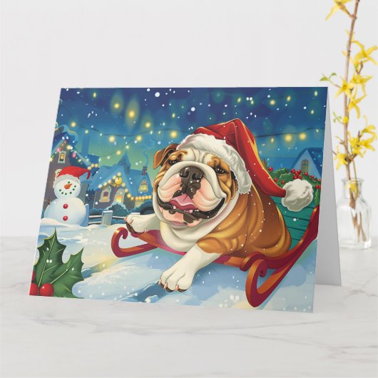 Bulldog in Sleigh Snow Weihnachten Karte (Gelbe Blume)