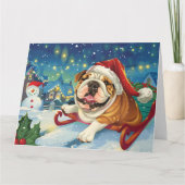 Bulldog in Sleigh Snow Weihnachten Karte (Vorderseite)