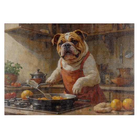 Bulldog kocht in der Küche Schneidebrett (Vorderseite)