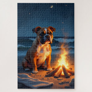 Bulldog Lagerfeuer Strand Nacht Szene Puzzle
