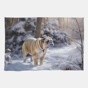 Bulldog lassen es Schnee Weihnachten gebürstet Geschirrtuch