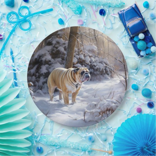 Bulldog lassen es Schnee Weihnachten gebürstet Pappteller (Party)