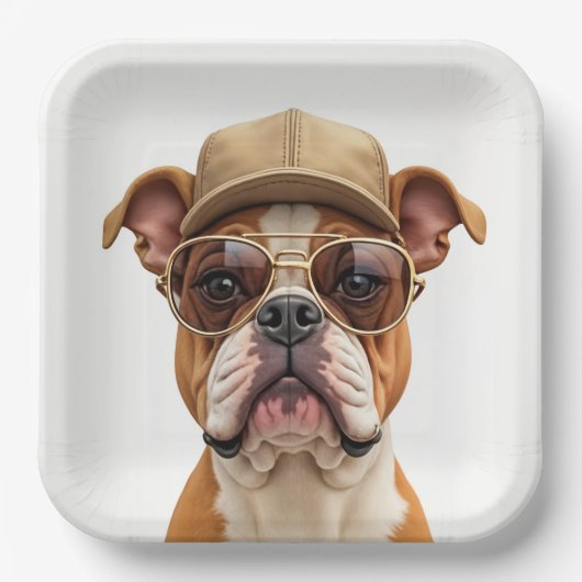 Bulldog mit einer Cap und Sonnenbrille Pappteller (Vorderseite)