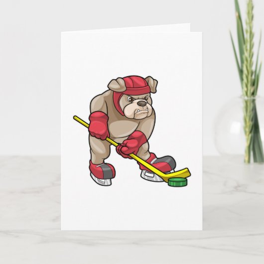 Bulldog mit Eishockey und Eishockeyschläger Karte (Vorderseite)