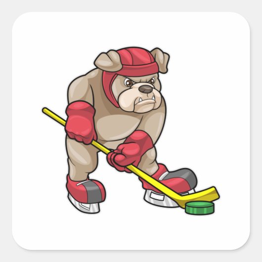 Bulldog mit Eishockey und Eishockeyschläger Quadratischer Aufkleber (Vorderseite)