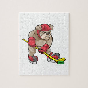 Bulldog mit Eishockey und Hockeyschläger Puzzle