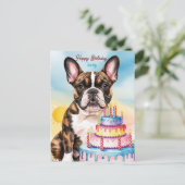 Bulldog mit Geburtstagskuchen Postkarte (Stehend Vorderseite)