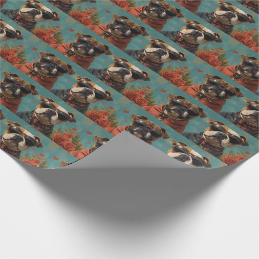 Bulldog mit Herz-Rose Valentinstag Geschenkpapier (Ecke)
