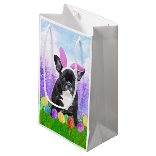 Bulldog mit Ostereiern Bunny Chicks Kleine Geschenktüte (Vorderseite Schrägansicht)