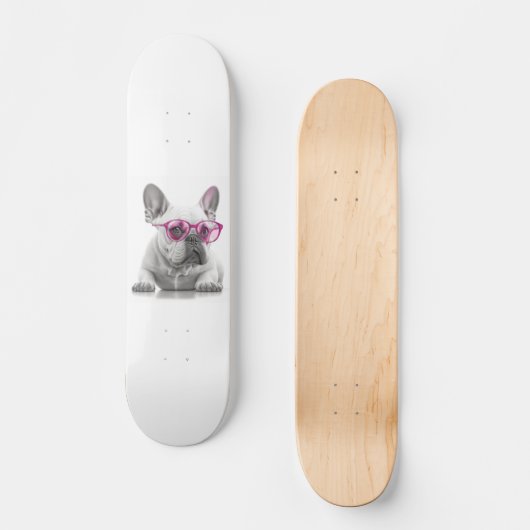 Bulldog mit rosa Brille Skateboard (Vorderseite)