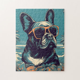 Bulldog mit Sonnenbrille an einem tropischen Stran Puzzle