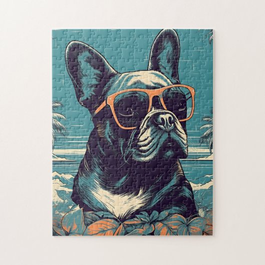 Bulldog mit Sonnenbrille an einem tropischen Stran Puzzle (Vertikal)