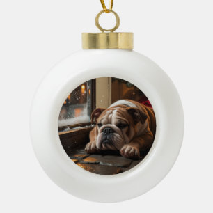 Bulldog mit Weihnachtsbeleuchtung Urlaub Keramik Kugel-Ornament