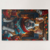 Bulldog mit Weihnachtsgeschenken Feuerplatz Puzzle (Horizontal)