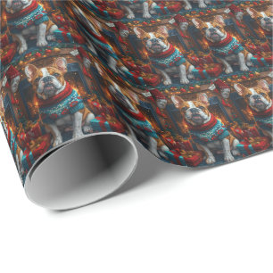 Bulldog mit Weihnachtsgeschenken Kamin Geschenkpapier