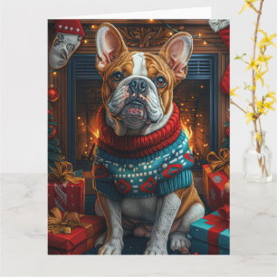 Bulldog mit Weihnachtsgeschenken Kamin Karte