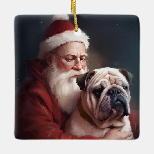Bulldog mit Weihnachtsmann Keramikornament (Vorderseite)