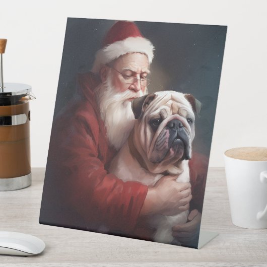 Bulldog mit Weihnachtsmann Sockelschild (In Situ)