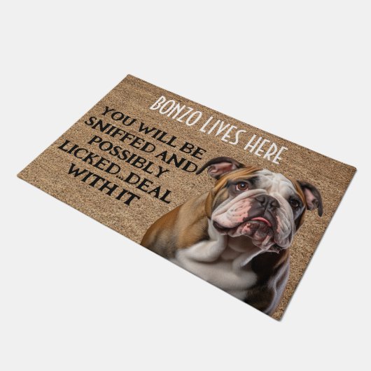 Bulldog personalisierte lustige Tür Fußmatte (Schrägansicht)