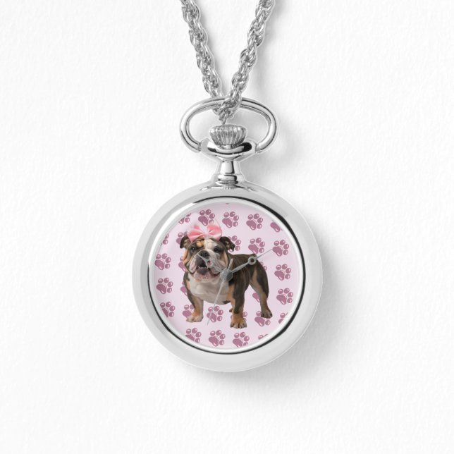 Bulldog Pink Paws Silver Necklack Watch Armbanduhr (Vorderseite)