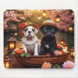 Bulldog & Pug-Welpen im floralen Boot-Mauspad Mousepad