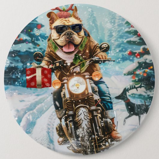 Bulldog Riding Motorrad Weihnachten Button (Vorderseite)