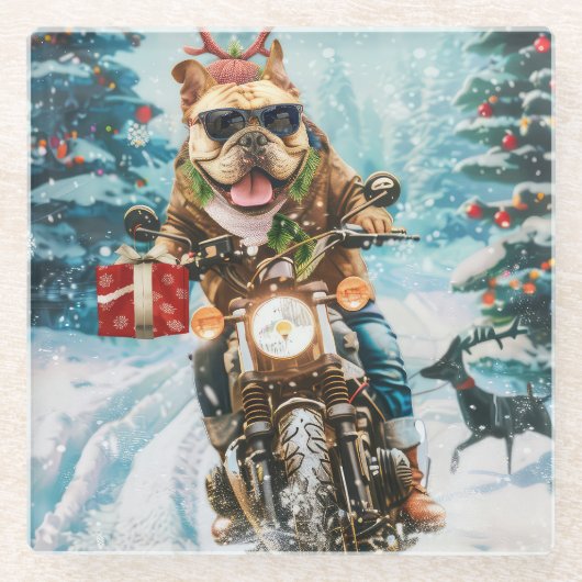 Bulldog Riding Motorrad Weihnachten Glasuntersetzer (Vorderseite)