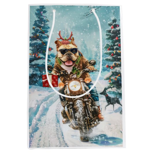 Bulldog Riding Motorrad Weihnachten Mittlere Geschenktüte (Vorderseite)