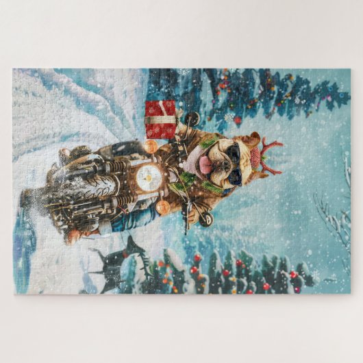 Bulldog Riding Motorrad Weihnachten Puzzle (Horizontal)