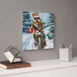 Bulldog Riding Motorrad Weihnachten Quadratische Wanduhr