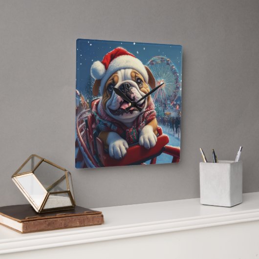 Bulldog Roller Untersetzer Weihnachten Quadratische Wanduhr (Büro)