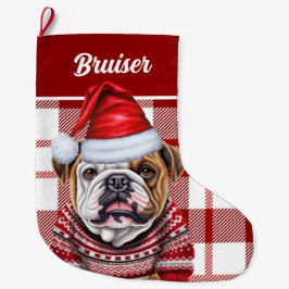 Bulldog Rot und Weiß Kariert Personalisiert Großer Weihnachtsstrumpf