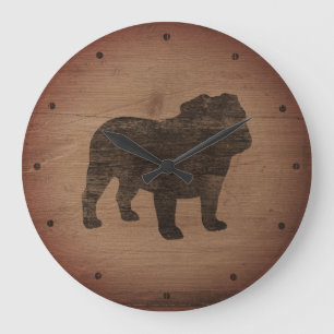 Bulldog Silhouette Imitate Wethered Wood Große Wanduhr
