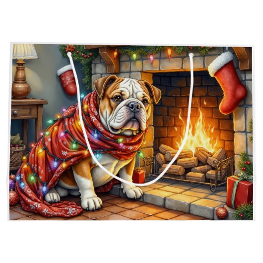 Bulldog Sitting by Fireplace with Christmas Lights Große Geschenktüte (Rückseite)