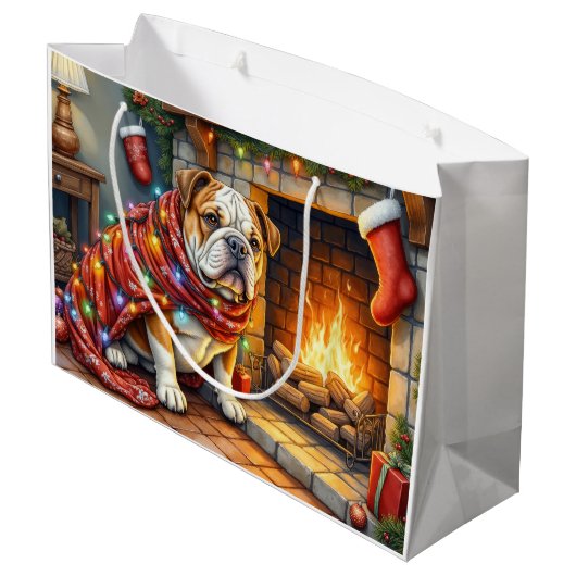 Bulldog Sitting by Fireplace with Christmas Lights Große Geschenktüte (Rückseite Schrägansicht)