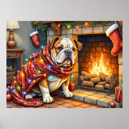 Bulldog Sitting by Fireplace with Christmas Lights Poster (Vorne)