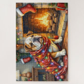 Bulldog Sitting by Fireplace with Christmas Lights Puzzle (Vertikal)