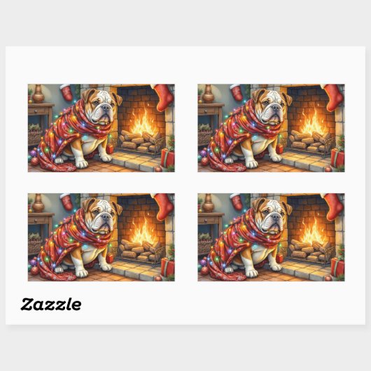 Bulldog Sitting by Fireplace with Christmas Lights Rechteckiger Aufkleber (Blatt)
