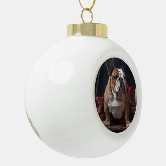 Bulldog Snowy Sleigh Weihnachtsdekor Keramik Kugel-Ornament (Links)