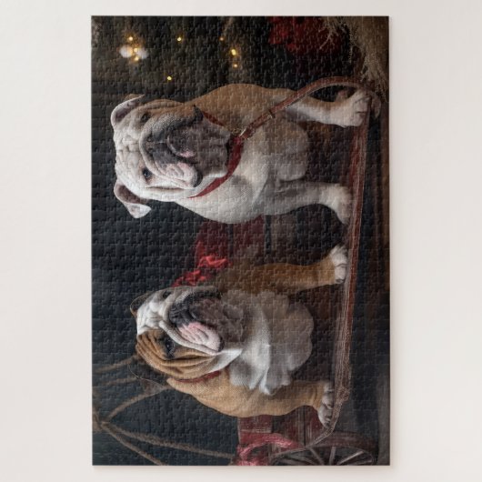 Bulldog Snowy Sleigh Weihnachtsdekor Puzzle (Vertikal)