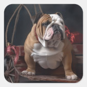 Bulldog Snowy Sleigh Weihnachtsdekor Quadratischer Aufkleber (Vorderseite)