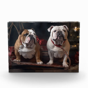 Bulldog Snowy Sleigh Weihnachtsdekoration Fotoblock