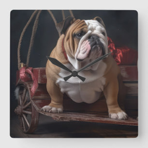Bulldog Snowy Sleigh Weihnachtsdekoration Quadratische Wanduhr